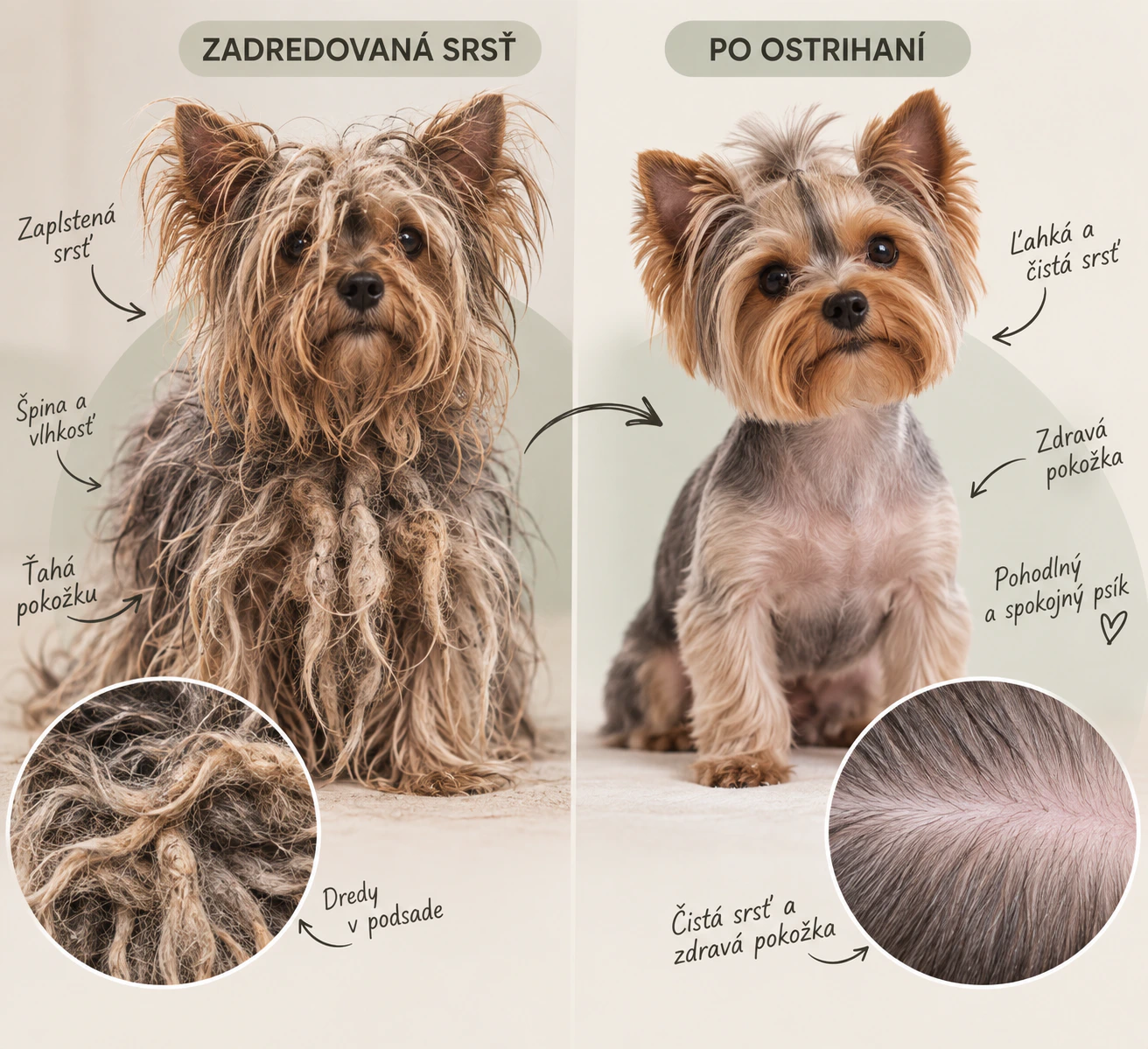 Porovnanie zadredovanej srsti a srsti po ostrihaní
