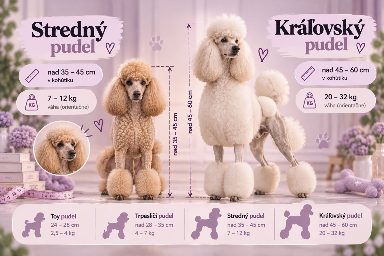 Porovnanie stredného a kráľovského pudla podľa výšky a hmotnosti