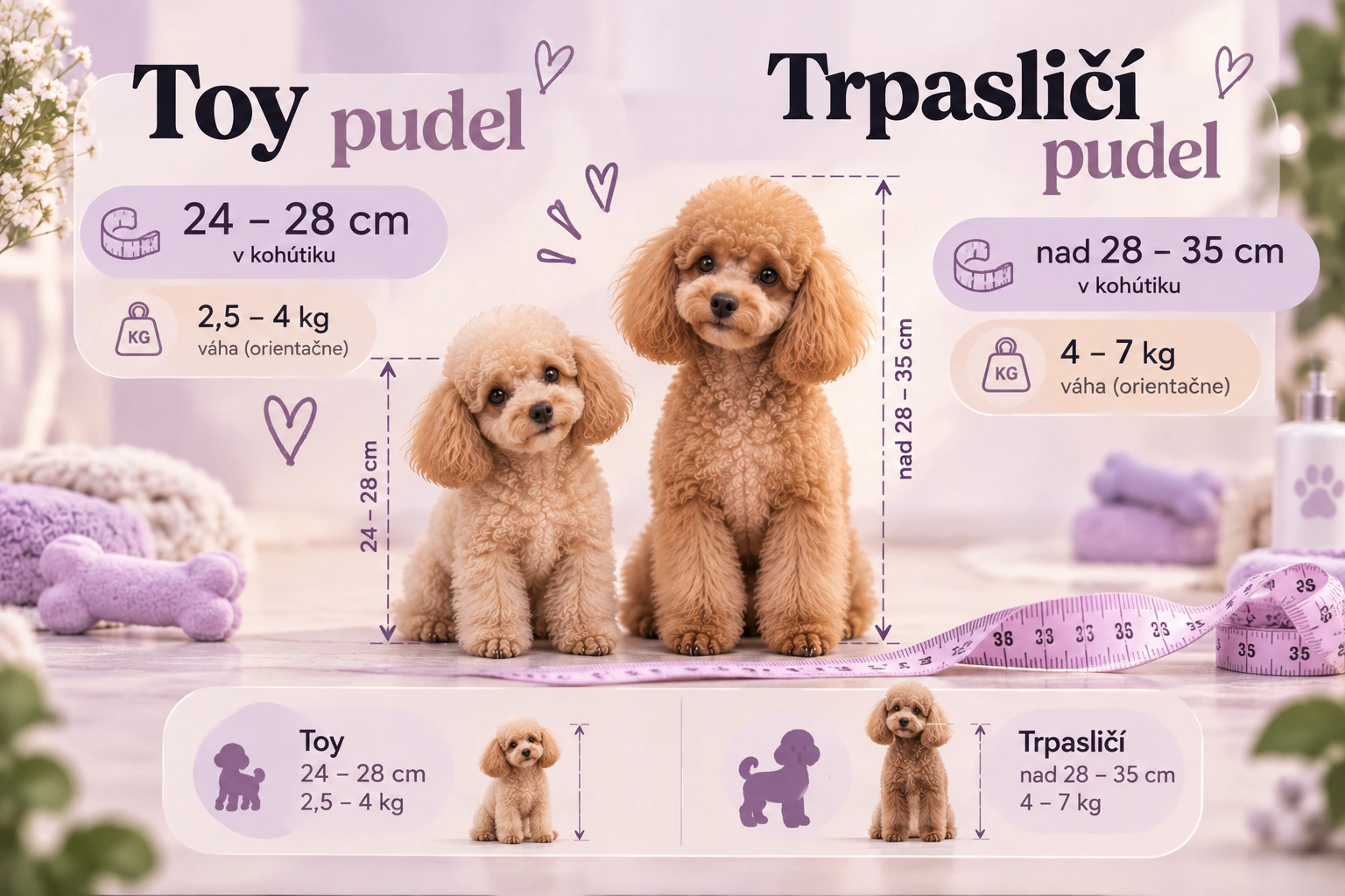 Porovnanie toy a trpasličieho pudla podľa výšky a hmotnosti